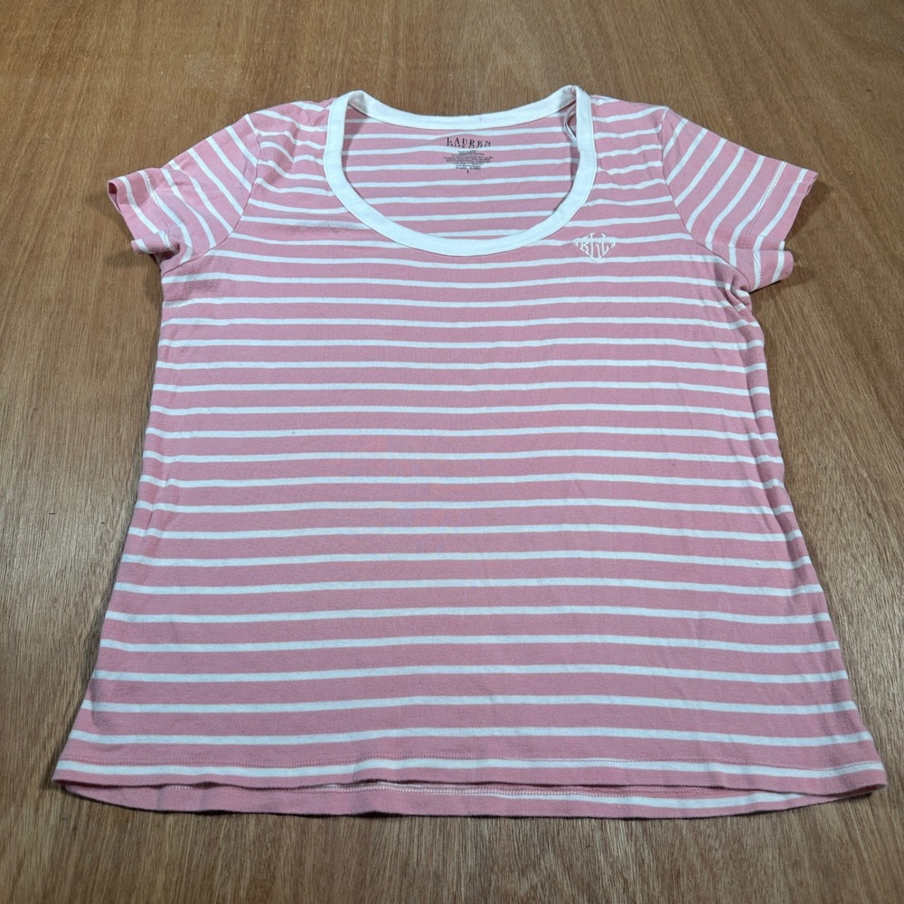 Lauren Ralph Lauren T Shirt Womens Large Pink White Striped LRL Logo 811553T
